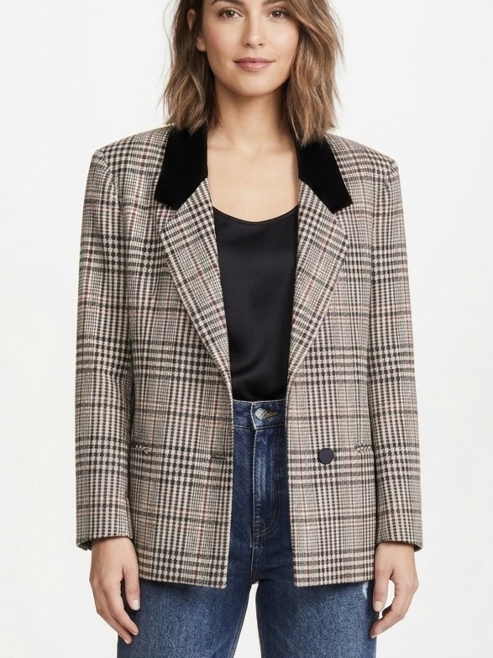 MARKS & SPENCER Vintage Wool Plaid Blazer Jacket Velvet Houndstooth Size Medium